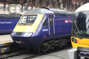 43 002 is at Paddington on 6th March 2013, next to the Heathrow Express Service.