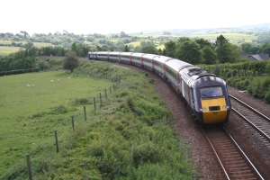 43 366 is the rear power car on the 12th June 2010 as this XC train approaches Moorswater Bridge.